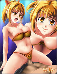 bikini blonde_hair blush breasts censored cleavage cowgirl_position open_mouth orange_bikini original penis ponytail road_(artist) sex short_hair straddle swimsuit tied_hair vaginal_penetration yellow_eyes