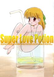 barefoot blonde_hair blush bow breasts cleavage cup engrish girl_in_a_cup glass highres in_container in_cup jitama_(bou) minigirl nude orange_hair peeing peeing_in_cup ranguage red_eyes straw super_love_potion sweat tongue