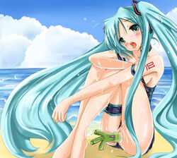 aqua_hair beach blush hatsune_miku leek long_hair natsume_fumika ocean one-piece_swimsuit penetration pussy sitting spring_onion sweat swimsuit swimsuit_aside tied_hair tongue twintails undressing very_long_hair vibrator vocaloid wet