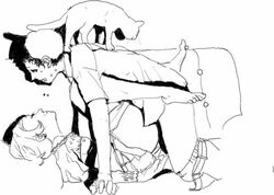 barefoot couple feet feline lowres monochrome panties panty_pull ryuko_azuma sex shijuuhatte shirt_lift sketch traditional_media underwear