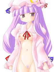 beige_skin breasts clothes dotekabocha female female_only front_view hat human long_hair open_clothes open_shirt patchouli_knowledge pubic_hair purple_hair ribbon shirt solo touhou