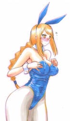 agrias_oaks animal_ears blonde_hair blush braid bunny bunny_ears bunny_girl bunnysuit female female_only final_fantasy final_fantasy_tactics final_fantasy_tactics_(original) human kikuta long_hair pantyhose pointy_chin solo wrist_cuffs yellow_eyes