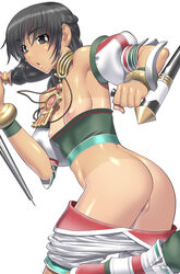 ass black_hair breasts censored female female_only grey_eyes grey_hair human kansuke long_hair looking_back nipples no_panties open_mouth pants_pull pussy shirt_pull small_breasts solo soul_calibur talim tan tanline weapon