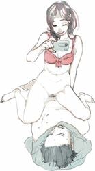 barefoot black_hair bottomless bra camera couple female lingerie male no_panties nude phone reverse_rape ryuko_azuma sex shijuuhatte sketch smile straddle straight taking_picture traditional_media uncensored underwear