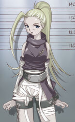 blonde_hair blue_eyes bondage female female_only highres human ino_yamanaka ino_yamanaka(genin) long_hair naruto naruto_(classic) ponytail solo straight_hair tasaka_shinnosuke tied_hair young