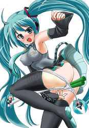 ass blush breasts erect_nipples female hachsune_miku hatsune_miku huge_breasts jinno_kei large_breasts leek long_hair panties panty_pull solo spring_onion thighhighs tied_hair twintails underwear very_long_hair vocaloid