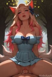 ai_generated mobolusai league_of_legends ahri ahri_(league_of_legends) vastaya big_breasts blonde_hair k/da_ahri k/da_series k/da_all_out_series k/da_all_out_ahri multicolored_hair female blonde_female earrings dress summer summer_dress blue_eyes looking_at_viewer tail tails beautiful bow fox_girl fox_ears pov behind_tree park cum cum_dripping cum_dripping_out_of_pussy cleavage skirt skirt_lift vaginal_penetration sex vaginal orgasm orgasm_face female_orgasm female_on_top riding_penis