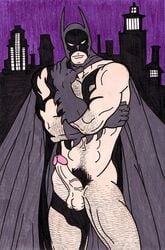 1boy batman batman_(bruce_wayne) batman_(series) bruce_wayne cape city_background cowl dc_comics erection gloves hairy_legs limited_palette male male_only mostly_nude penis penis_shadow pensive precum_bubble public_nudity solo tagme veiny_penis