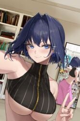 armpit big_breasts blue_hair female female_only hololive hololive_english large_breasts maenoo mirror ouro_kronii peace_sign short_hair shoulders solo_female underboob virtual_youtuber vtuber