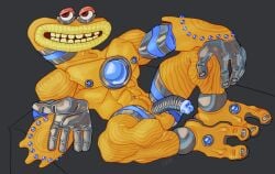2_fingers abs absurd_res athletic big_blue_bubble blue_glans crystal fingers genitals glans half-erect hi_res humanoid lips long_neck looking_at_viewer lying machine male metal_hands metal_penis metallic_nipples muscular muscular_legs muscular_male my_singing_monsters not_furry pecs penis ravuer reclining robot scarring simple_background smile smiling_at_viewer solo teeth thick_lips wide_mouth wubbox_(my_singing_monsters) yellow_body yellow_teeth