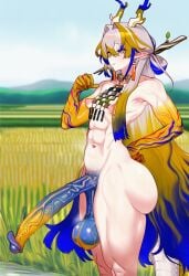 1girl 2026 abs ai_generated arknights blonde_hair blue_eyes blue_hair breasts censored closed_mouth colored_skin completely_nude day dragon_girl dragon_horns dragon_tail earrings erection eyeliner feet_out_of_frame flaccid foreskin futanari gradient_hair grass grey_hair hair_between_eyes hand_on_own_hip horns huge_penis huge_testicles jewelry large_penis long_hair looking_at_viewer multicolored_hair muscular navel nipples nude outdoors penis pointy_ears pubic_hair rascalai rice_paddy shu_(arknights) small_breasts smile solo standing stick tail testicles thighs veins veiny_penis very_long_hair