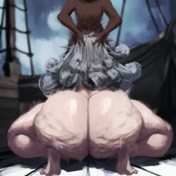 1boy 1girls ahab_(limbus_company) ai_generated boat cinderhee curly_hair dark-skinned_male dark_skin feet fellatio female from_behind grey_hair hag holding_head limbus_company long_hair male naked naked_female naked_male old_female oral oral_sex outside pale-skinned_female pale_skin port project_moon squat squatting standing tagme wrinkled_ass wrinkles