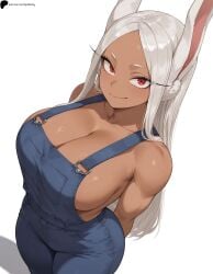 1girl 1girls ai_generated animal_ear_fluff arms_behind_back boku_no_hero_academia breasts closed_mouth collarbone dark-skinned_female dark_skin from_above hi_res high_quality high_resolution highres large_breasts legs_together light long_hair looking_at_viewer mirko my_hero_academia no_bra nose opal_nemy overalls patreon_logo patreon_url patreon_username plain_background rabbit_ears red_eyes rumi_usagiyama self_upload shadow shiny shiny_hair shiny_skin simple_background smile solo standing thighs watermark white_background white_hair