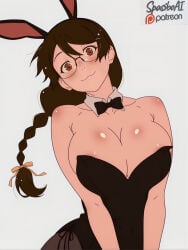 1girl hanekawa_tsubasa breasts animal_ears solo glasses rabbit_ears playboy_bunny braid long_hair detached_collar cleavage pantyhose black_leotard leotard large_breasts bowtie simple_background strapless_leotard strapless looking_at_viewer bow bare_shoulders grey_background blush brown_eyes orange_ribbon brown_hair fake_animal_ears hair_ornament hairclip ribbon hair_ribbon black_bowtie areola_slip :3 collarbone smile single_braid breasts_squeezed_together closed_mouth white_background black_bow braided_ponytail wavy_mouth body_blush head_tilt black_hair side-tie_leotard upper_body shiny_skin black_pantyhose v_arms hair_between_eyes cowboy_shot semi-rimless_eyewear red_eyes brown_pantyhose monogatari_(series) kizumonogatari ai_generated spasibo15