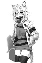 1girl a_tea animal_ear_fluff animal_ears arknights character_request commentary_request drooling gag gag_under_mask gagged highres jacket long_hair looking_at_viewer mask monochrome mouth_mask shibari shibari_under_clothes skindentation solo sweater tail thighhighs