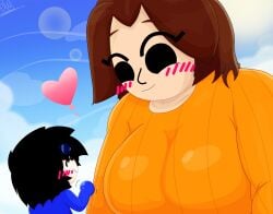 1girls angelonce big_breasts black_hair blush blushed_face boobs brown_hair canon_couple canon_x_oc couple couple_(romantic) couple_love did_you_want_to_talk? flat_colors giant_female giantess happy looking_at_another looking_at_partner looking_down mii mii_gunner mii_gunner_(smash_4) nintendo nsfwed22 shade sky smaller_male sona super_smash_bros. super_smash_bros._for_nintendo_3ds_and_wii_u tomodachi_life tomodachi_life:_living_the_dream waving