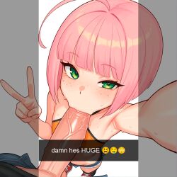 ahoge ai_generated androgynous blowjob bobcut chocker drooling emoji fellatio flat_chest freckles green_eyes halter_top light_pink_hair micro peace_sign pink_hair saliva selfie short_hair shorts snapchat snapchat_story sucking_penis sweat