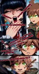 danganronpa danganronpa_(series) sabaispace patreon_username 2026 ai_generated 1girl long_hair blush smile open_mouth short_hair brown_hair black_hair long_sleeves 1boy red_eyes jewelry twintails green_eyes jacket closed_eyes ahoge comic :d earrings sweat frills open_clothes teeth necktie hood nail_polish looking_at_another english_text open_jacket black_jacket hoodie upper_teeth_only watermark drill_hair hood_down red_necktie black_nails twin_drills lolita_fashion gothic_lolita bonnet green_hoodie naegi_makoto celestia_ludenberg