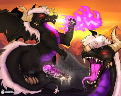 aroused big_penis black_body bodily_fluids bone breath_powers breathing colored_fire cracks creamycoffeecat cum cum_on_penis dragon drooling elemental_manipulation excessive_cum excessive_genital_fluids feral fire fire_breathing fire_manipulation fur genital_fluids genitals hi_res horn looking_at_viewer looking_pleasured male male/male mountain mouth_shot musk mythological_creature mythological_scalie mythology open_mouth penis purple_body purple_fire red_eyes rock saliva saliva_on_tongue saliva_string scalie scar seductive size_difference skull smell smelly solo spread_wings standing steamy_penis sunset tattoo text url white_body white_fur wings