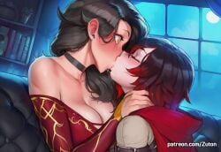 2girls ai_generated blush blush_lines blushing cinder_fall eyes_open female female_only full-face_blush kiss kissing moon moonlight night ruby_rose rwby shocked shocked_expression shocked_eyes