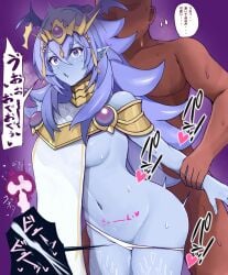 1boy 1girl absurdres arm_held_back ass bar_censor bare_shoulders blue_eyes blue_hair blue_skin body_markings breasts censored collarbone colored_skin cum cum_in_pussy dark-skinned_male deep_penetration dominus_impulse drooling duel_monster earclip gold_collar gold_tiara head_wings hetero highres hip_dips interspecies kintama-yu_(espkiriyama) long_hair navel open_mouth panties panty_pull pelvic_curtain pointy_ears purple_background saliva sex sex_from_behind sideboob simple_background speech_bubble spiked_hair_ornament standing standing_sex tiara underwear vaginal wings yu-gi-oh!