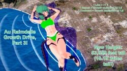 1girls 3d abs au_ra au_raimdelle black_scales body_growth body_growth_(enlargement) bra breasts city english_text female female_focus final_fantasy final_fantasy_xiv giantess green_eyes green_hair growth growth_drive horns hyper_giantess koikatsu looming muscular muscular_female oc original_character panties solo solo_female sports_bikini tail text thighs xavierhuge