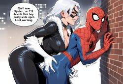 1boy 1girls against_wall ai_generated black_cat_(marvel) bulge bulge_grab bulge_through_clothing felicia_hardy femdom forced forced_oral from_behind from_behind_position hand_on_ass malesub marvel marvel_comics peter_parker pushed_against_wall seductivequeen spider-man spider-man_(series) squeezing_balls squeezing_butt
