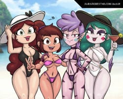 doc.b star_vs_the_forces_of_evil disney disney_channel disney_xd 4girls female female_only standing outside outdoors light_skin light-skinned_female tan_skin tan-skinned_female monster monster_girl human drink very_long_hair brown_hair eyebrows_visible_through_hair hat looking_at_viewer smile open_mouth brown_eyes green_eyes purple_eyes pointy_ears earrings pink_eyes half-closed_eyes open_eyes nipple_bulge purple_hair green_hair swimsuit bikini bare_shoulders breasts cleavage medium_breasts navel thighs v spade_cheeks clubs_cheeks mariposa_diaz eclipsa_butterfly meteora_butterfly beach pink_bikini purple_bikini purple_swimsuit pink_swimsuit black_swimsuit white_swimsuit eyeshadow ponytail artist_name aged_up angie_diaz strapless_bikini breast_size_difference multiple_girls long_hair mole mole_under_eye sling_bikini black_bikini white_skin cocktail_glass sun_hat spade_(shape) club_(shape) fang fang_out