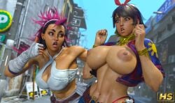 2girls 3d abs big_breasts breasts brown_hair brown_skin brown_skinned_female busty capcom female female_focus female_only hagiwara_studio headwear hourglass_figure josie_rizal long_hair muscles muscular muscular_female namco navel short_hair street_fighter street_fighter_6 tagme tekken tekken_7 two-tone_hair wide_hips yasmine_(street_fighter)