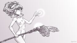 2d 1girl monochrome petite flat_chest small_breasts elf elf_ears elf_female magic tied_hair blonde_hair blonde flat_belly flower_in_hair nixonison staff oc tagme