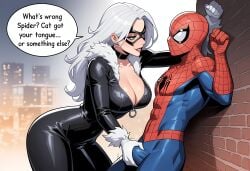 1boy 1girls against_wall ai_generated black_cat_(marvel) bulge bulge_through_clothing felicia_hardy femdom forced forced_oral grabbing grabbing_penis malesub marvel marvel_comics peter_parker pushed_against_wall seductivequeen spider-man spider-man_(series)