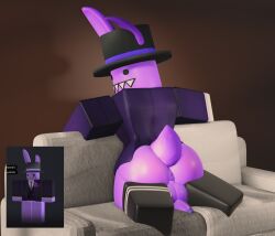 roblox robloxian roblox_avatar oc original_character bunny_ears rabbit rabbit_ears partially_clothed femboy male 1boy 1boys 1femboy on_couch couch solo ass dick thighs thighhighs rabbit_tail sharp_teeth reference_image purple_body purple_fur purple_skin furry anthro black_eyes tophat shirt purple_shirt no_pants asshole penis anus presenting_anus furry_ass anthro_only bent_over_couch bent_over