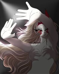artistic_nude beige_hair breasts cat_eyes charlie_morningstar_(hazbin_hotel) extended_arms featureless_breasts hands_casting_shadow hazbin_hotel lighting long_hair m1ddi3kira_(artist) no_nipples pale-skinned_female pale_skin red_sclera slit_pupils unusual_eyes vertical_slit_pupils very_long_hair yellow_eyes