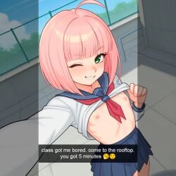 ahoge ai_generated bobcut breasts_out emoji flat_chest freckles green_eyes light_pink_hair nipples peace_sign pink_hair rooftop school_rooftop school_uniform selfie serafuku short_hair smile smiling snapchat snapchat_story wink winking_at_viewer