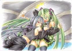 2girls areolae areolae_visible_through_clothing ass black_pants blue_eyes blue_hair blush bow breast_grab breasts detached_sleeves fang female female_only grabbing green_eyes green_hair grey_hair hair_bow hatsune_miku kneesocks long_hair medium_breasts multiple_girls necktie panties red_eyes roreru skirt small_breasts striped striped_panties thighhighs traditional_media twintails underwear very_long_hair vocaloid voyakiloid yowane_haku yuri