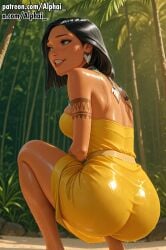 pocahontas 1girl clothed_female beach black_hair dark_skin indigenous medium_breasts long_hair black_eyes looking_up native_american open_mouth waterfalls shiny_skin shiny_hair jungle_trees yellow_dress bare_shoulders arm_tattoo necklace jewelry makeup parted_lips short_dress outdoors dynamic_angle lips squatting ass_focus ass_cleavage one_cheek_visible wet_body back_view from_below side_angle raised_eyebrows naughty_face volumetric_lighting dramatic_shadows cinematic_lighting colorful_background detailed_background particles skindentation detailed_skin detailed_hair depth_of_field semirealistic patreon patreon_url patreon_link patreon_username 2025 2026 highres high_resolution high_quality absurd_res absurdres blushing ai ai_art ai_assisted ai_generated ai-created alphai pocahontas_(character)