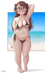 1girls bikini borrowed_character breasts brown_eyes brown_hair closed_mouth commentary_request dot_nose full_body glasses highres large_breasts long_hair looking_at_viewer medium_breasts navel outside_border plump raised_eyebrows shadow shigekikkusu signature skindentation solo standing swimsuit tareme thick_thighs thighs chubby chubby_female