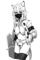 1girl a_tea animal_ear_fluff animal_ears arknights breasts character_request commentary_request drooling gag gag_under_mask gagged highres jacket large_breasts long_hair looking_at_viewer mask monochrome mouth_mask navel nipples shibari shibari_under_clothes skindentation solo stomach tail thighhighs