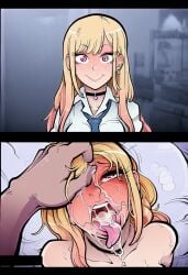 1boy 1girl 2koma after_fellatio after_sex ahegao ai_generated black_choker blonde_hair blush breasts bukkake bustybunz choker collarbone comic cum cum_in_mouth cum_on_tongue ear_piercing earrings facial gradient_hair hair_grab hetero instant_loss jewelry long_hair looking_at_viewer marin_kitagawa multicolored_hair necktie nude open_mouth piercing pink_eyes pov red_eyes school_uniform shirt smile stray_pubic_hair tagme tongue tongue_out white_shirt