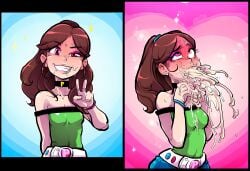 1girl 2koma after_fellatio ahegao ai_generated bare_shoulders belt blush bracelet breasts brown_hair bustybunz buttercup_(powerpuff_girls) choker cum cum_in_mouth cum_on_hands cum_vomit cumdrip earrings excessive_cum eyeshadow facial green_shirt grin heart instant_loss jewelry long_hair makeup off_shoulder oral pink_eyes ponytail powerpuff_girls rolling_eyes saliva shirt small_breasts smile sparkle stray_pubic_hair sweat tagme thick_cum v