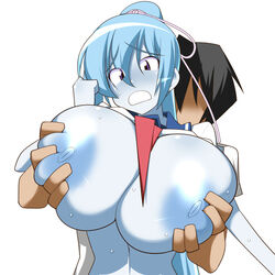 1girls aoi_(gegege_no_kitarou) blue_hair blue_skin breast_grab breasts female gegege_no_kitarou huge_breasts humanoid large_breasts makarou nipples ponytail school_uniform serafuku surprised sweat tied_hair yokai yuki_onna