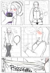 1girls 1other 5koma black_panties blush breasts change_in_common_sense english_text female female_masturbation fingering fingering_self have_to_pee here4thefun hypnosis hypnosis_app long_hair masturbation open_mouth orgasm original original_character panties pants panty_pull peegasm peeing phone pussy sitting_on_toilet speech_bubble squirting toilet underwear