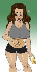 1girl aeolus06 affectionate applying_lotion arm_at_side belly_rub black_eyes black_shorts brown_hair feet_out_of_frame freckles from_above gold_earrings gold_hoop_earrings grey_sports_bra hand_on_own_stomach happy heart holding_bottle hoop_earrings looking_at_self looking_down looking_pleasured lotion lotion_bottle nipple_bulge rachel_(eachminister) red_lips rubbing shiny_skin short_shorts shorts sports_bra standing tan tan_body tan_skin