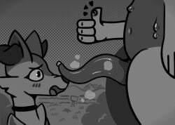 anthro blush bodily_fluids braixen collar female flat_colors generation_6_pokemon genital_fluids genitals gesture glistening glistening_genitalia glistening_penis goo_drip goodra gradient_background hand_gesture hi_res huge_filesize inner_ear_fluff male male/female nintendo penis pokemon pokemon_(species) precum road simple_background standing tapering_penis thumbs_up tuft