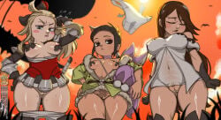 3girls agnes_oblige artemia artemia_(bravely_default) big_breasts black_eyes black_hair blonde_hair blue_eyes bravely_default_(series) brunette clothing edea_lee evening fanart fantasy flat_chest kae-est_art kae_3st_(artist) nervous no_underwear outside panties pasties pov rpg short_hair shortstack small_breasts sunset tagme thicc thicc_thighs upskirt video_games