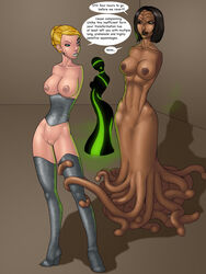 2girls b'elanna_torres borg_(species) dialogue english_text female female_only high_heels klingon_(species) multiple_girls seven_of_nine skottichan speech_bubble star_trek star_trek_voyager tentacles text transformed wedge_heels yuri