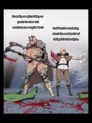 1futa 1girls 2026 axe big_boobs big_breasts bikini_armor boobs couple duo duo_focus english_text female futa/female futanari holding_weapon implied_futa larger_female shinhyunxi simple_background size_difference tagme text