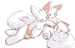 blue_eyes blush color cum erection fur male male_only mek multiple_males nintendo nude penis pokemon pokemon_(species) side_view sitting tagme white_fur yaoi zangoose