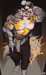 1boy abs absurdres animal_ears arm_tattoo backwards_hat bara baseball_cap black_pants claws dendryte_axxon dog_boy dog_ears dog_tail fangs furry furry_male grey_fur hat highres holding holding_toy large_pectorals large_penis male_focus muscular muscular_male navel nipples open_mouth pants pectorals penis precum precum_drip q'ursha red_eyes sharp_teeth shoulder_tattoo solo stomach_tattoo tail tattoo teeth tokyo_afterschool_summoners toy white_hair