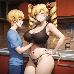 ai_generated belly_piercing big_breasts blonde_hair blush brother_and_sister claire_harvey drill_hair groping_breasts hand_on_hip hundred incest licking_lips older_female_and_younger_male original_character rubbing_breasts seduction siblings steamy_breath temptation thong twintails winking_at_viewer